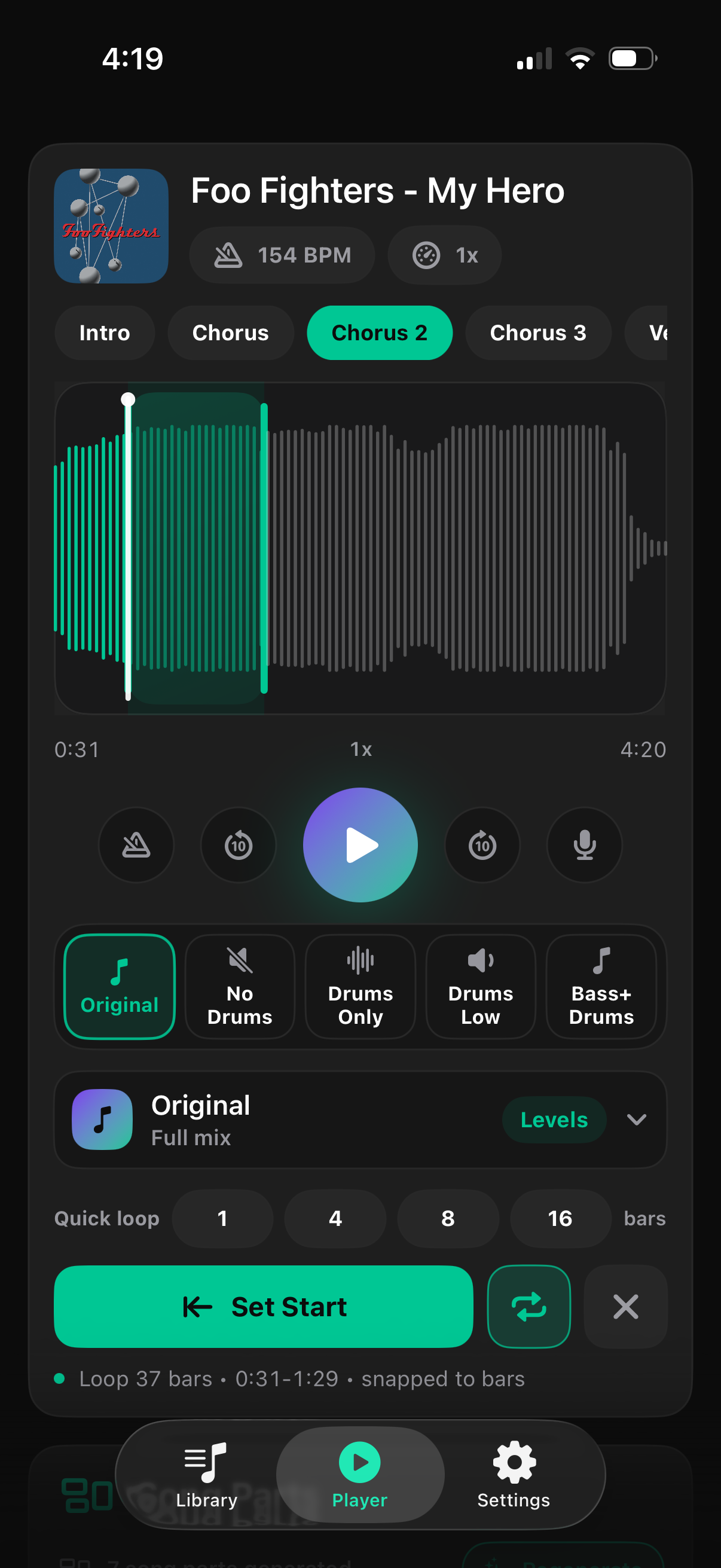 Drums No Drums player with waveform and modes